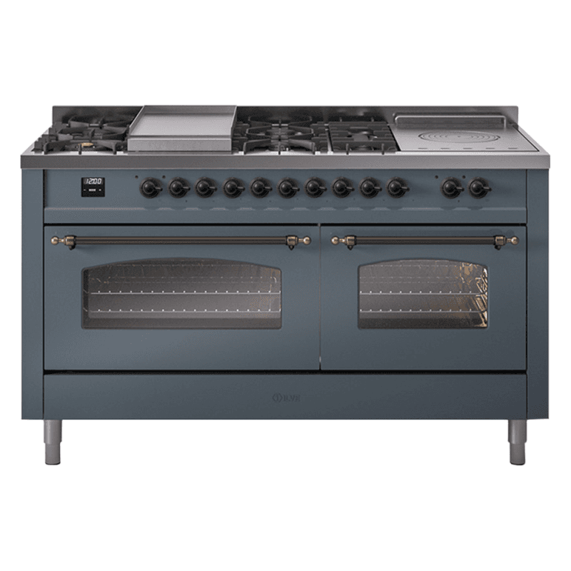 Nostalgie II 60 UP60FSNMPBGB Freestanding Dual Fuel Range with 7 Sealed Burners with Griddle and French Top Double Oven with Triple Glass Door with Bronze knobs