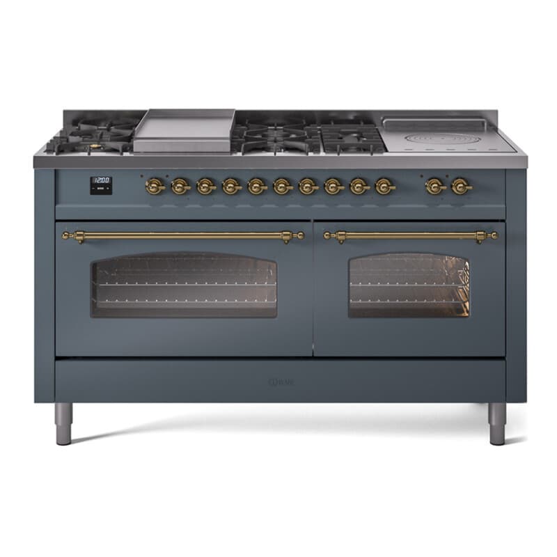 Nostalgie II 60 UP60FSNMPBGG Freestanding Dual Fuel Range with 7 Sealed Burners with Griddle and French Top Double Oven with Triple Glass Door with Brass knobs