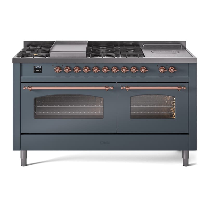 Nostalgie II 60 UP60FSNMPBGP Freestanding Dual Fuel Range with 7 Sealed Burners with Griddle and French Top Double Oven with Triple Glass Door with Copper knobs