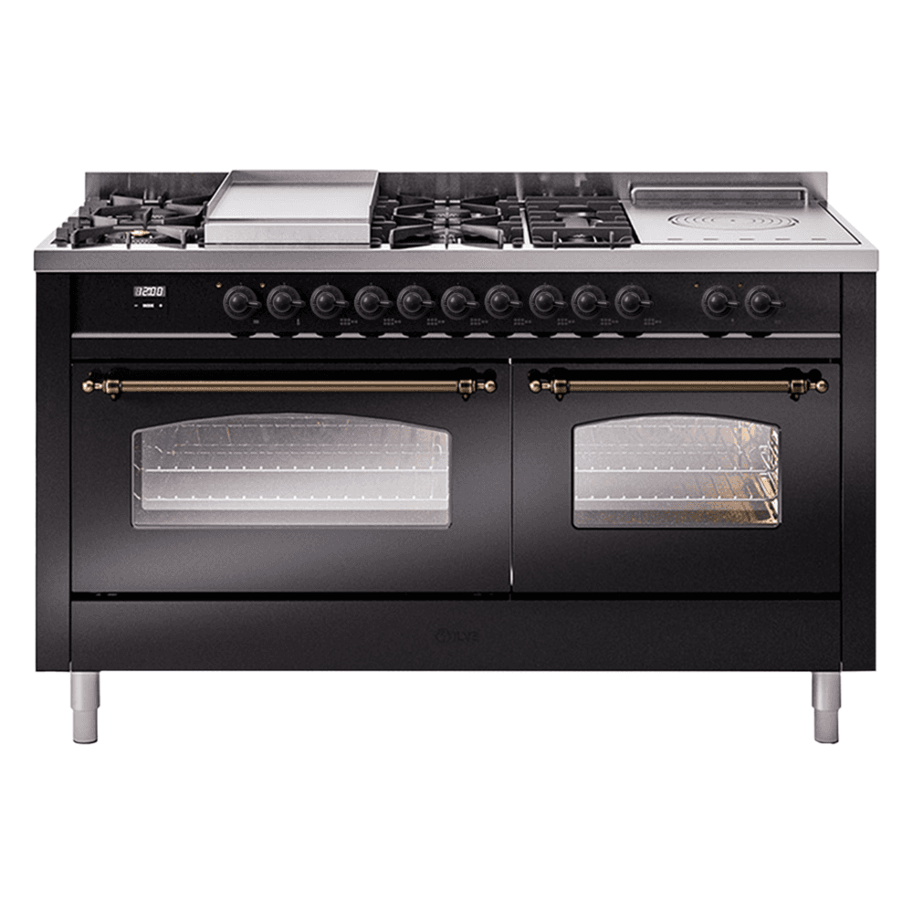 Nostalgie II 60 UP60FSNMPBKB Freestanding Dual Fuel Range with 7 Sealed Burners with Griddle and French Top Double Oven with Triple Glass Door with Bronze knobs
