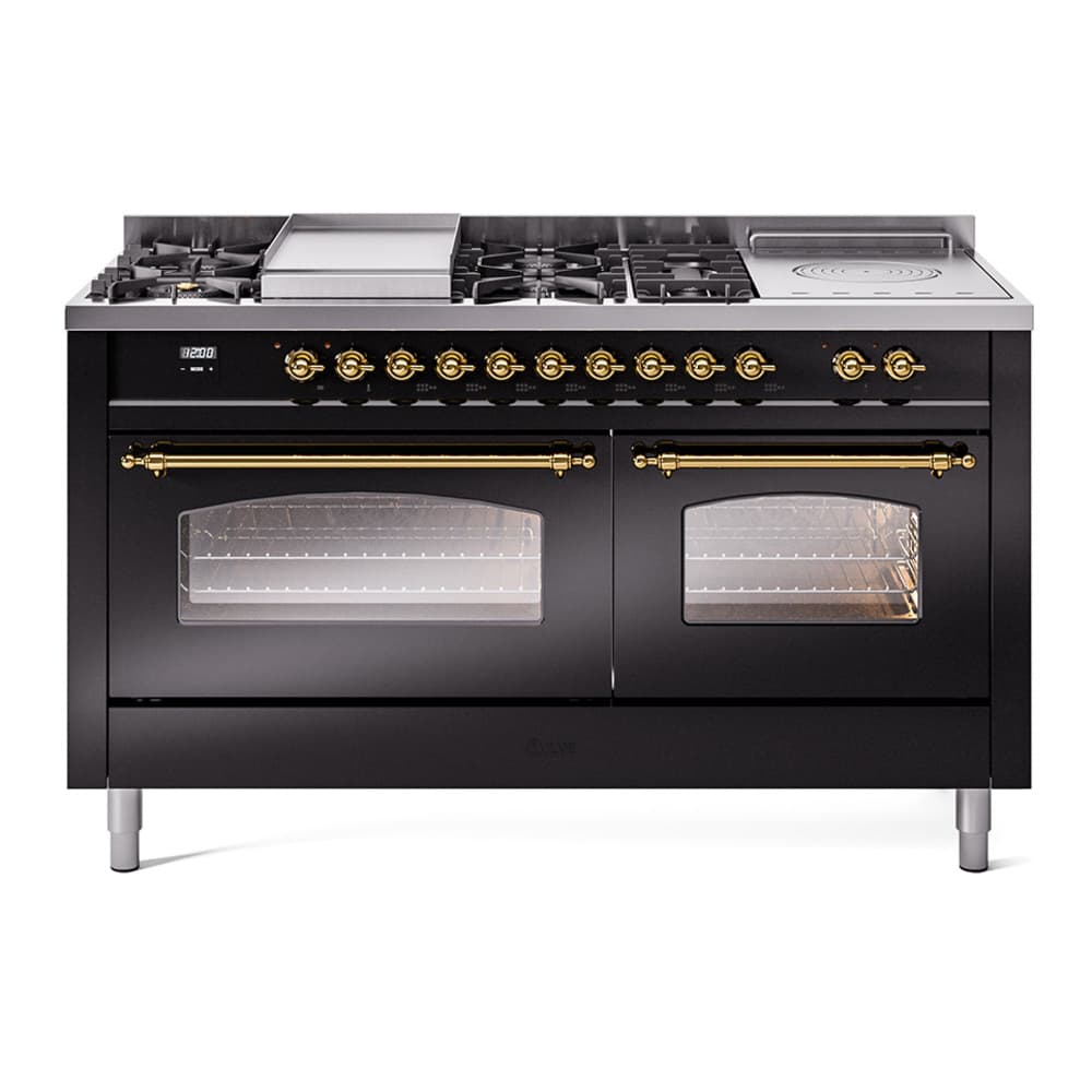 Nostalgie II 60 UP60FSNMPBKG Freestanding Dual Fuel Range with 7 Sealed Burners with Griddle and French Top Double Oven with Triple Glass Door with Brass knobs