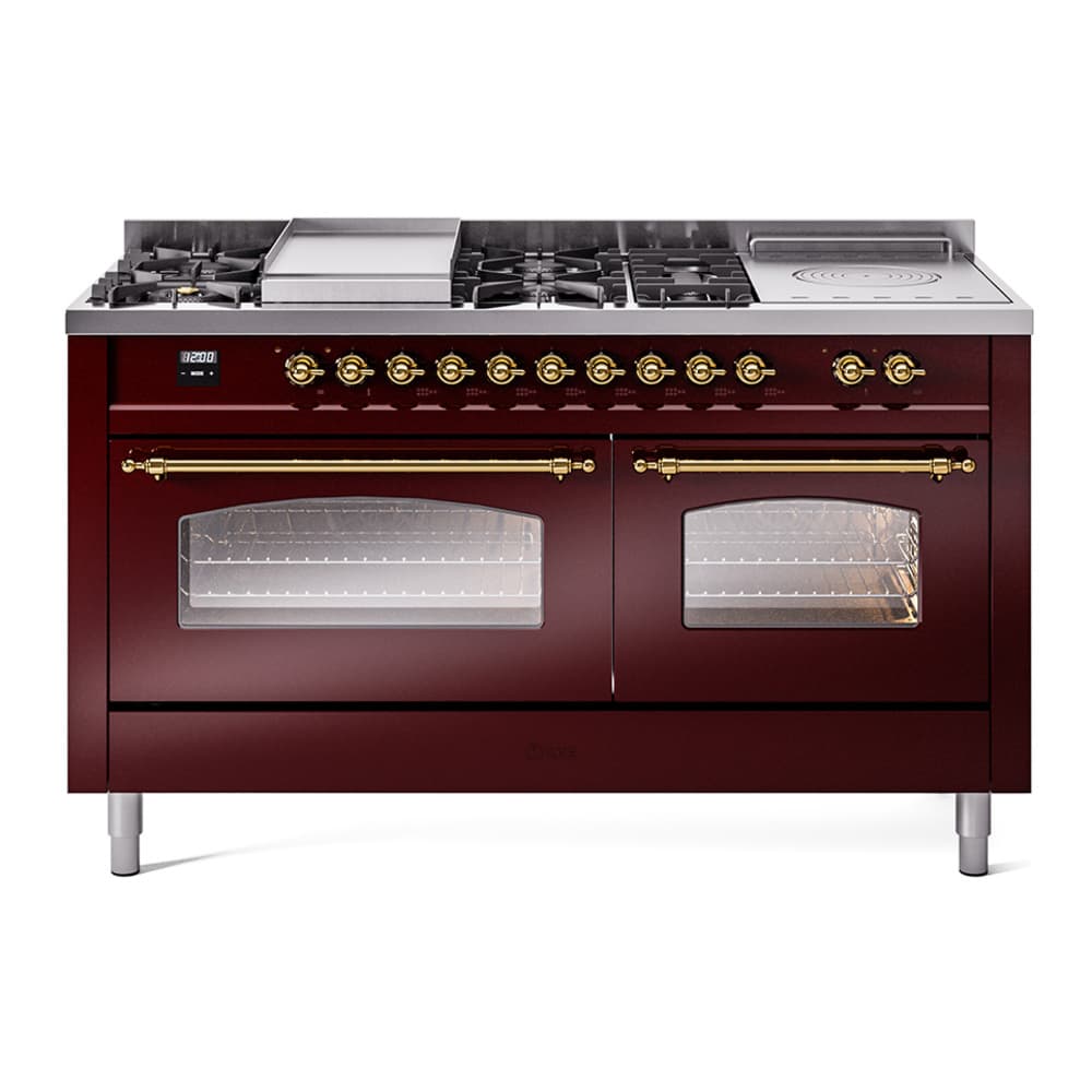Nostalgie II 60 UP60FSNMPBUG Freestanding Dual Fuel Range with 7 Sealed Burners with Griddle and French Top Double Oven with Triple Glass Door with Brass knobs