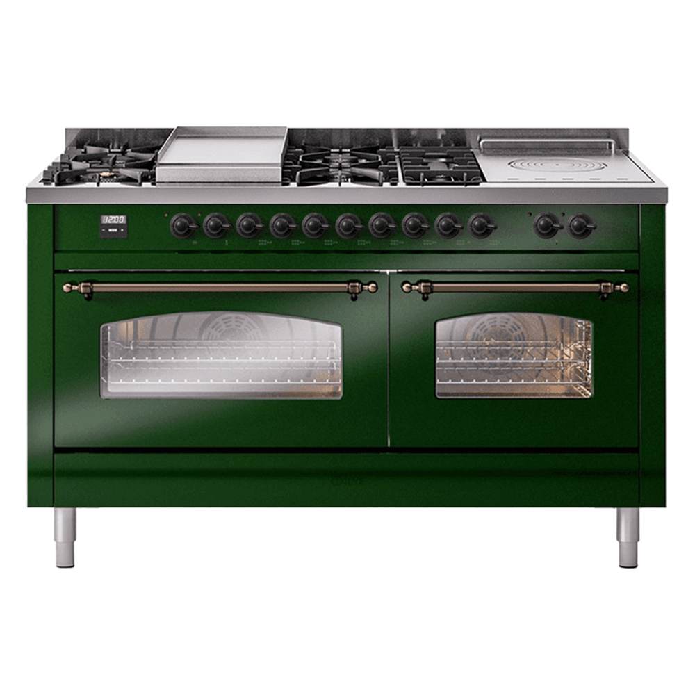 Nostalgie II 60 UP60FSNMPEGB Freestanding Dual Fuel Range with 7 Sealed Burners with Griddle and French Top Double Oven with Triple Glass Door with Bronze knobs