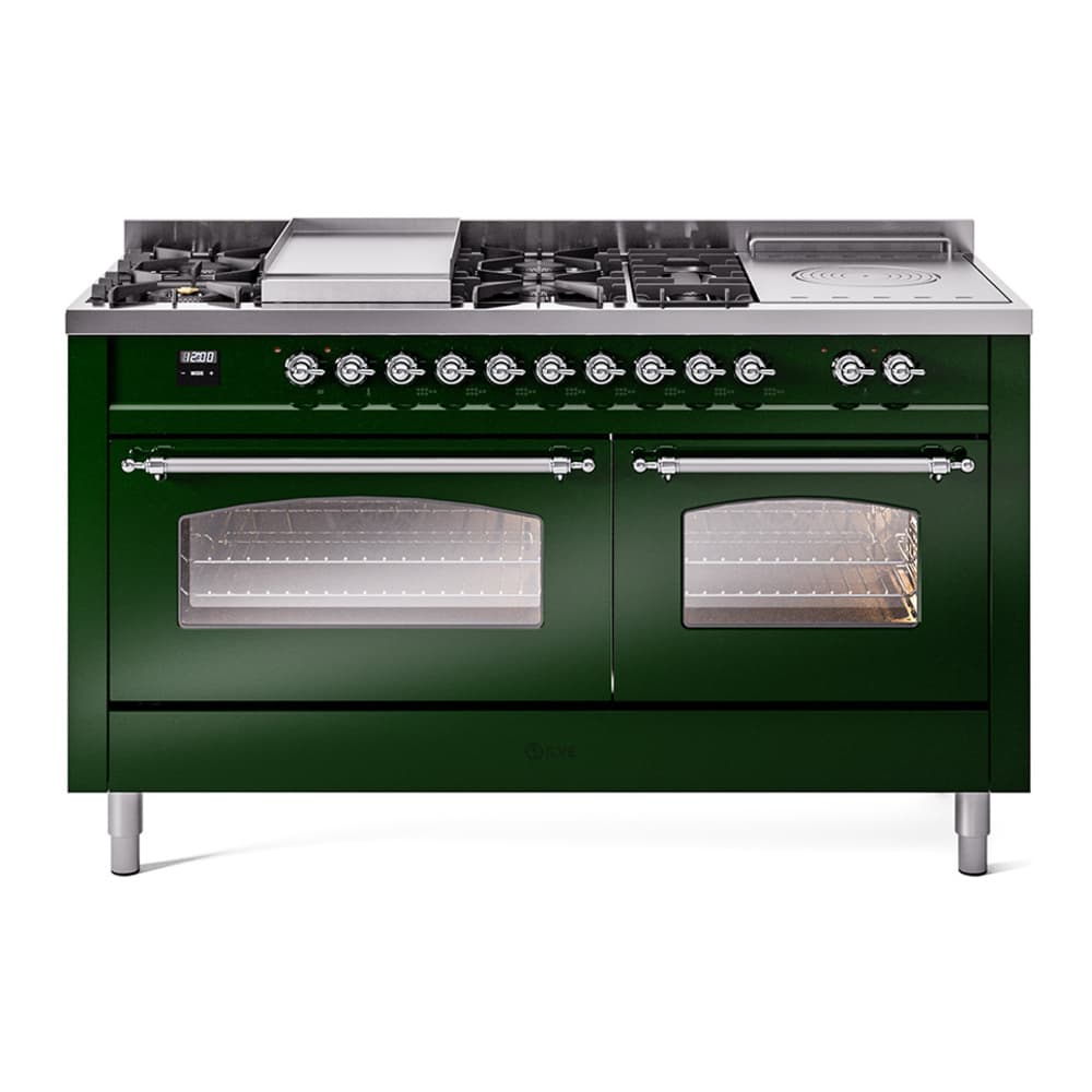 Nostalgie II 60 UP60FSNMPEGC Freestanding Dual Fuel Range with 7 Sealed Burners with Griddle and French Top Double Oven with Triple Glass Door with Chrome knobs