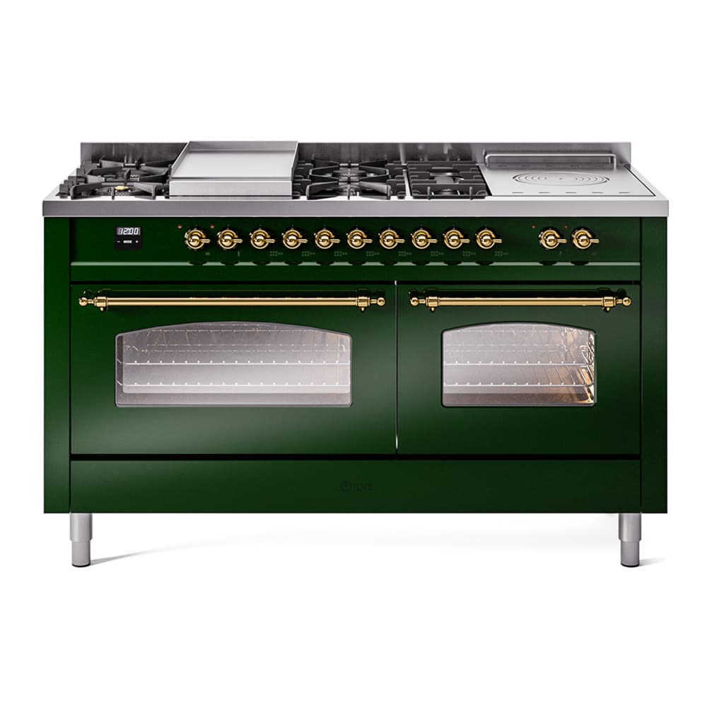 Nostalgie II 60 UP60FSNMPEGG Freestanding Dual Fuel Range with 7 Sealed Burners with Griddle and French Top Double Oven with Triple Glass Door with Brass knobs