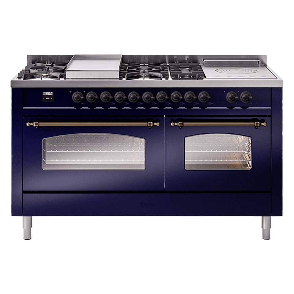 Nostalgie II 60 UP60FSNMPMBB Freestanding Dual Fuel Range with 7 Sealed Burners with Griddle and French Top Double Oven with Triple Glass Door with Bronze knobs