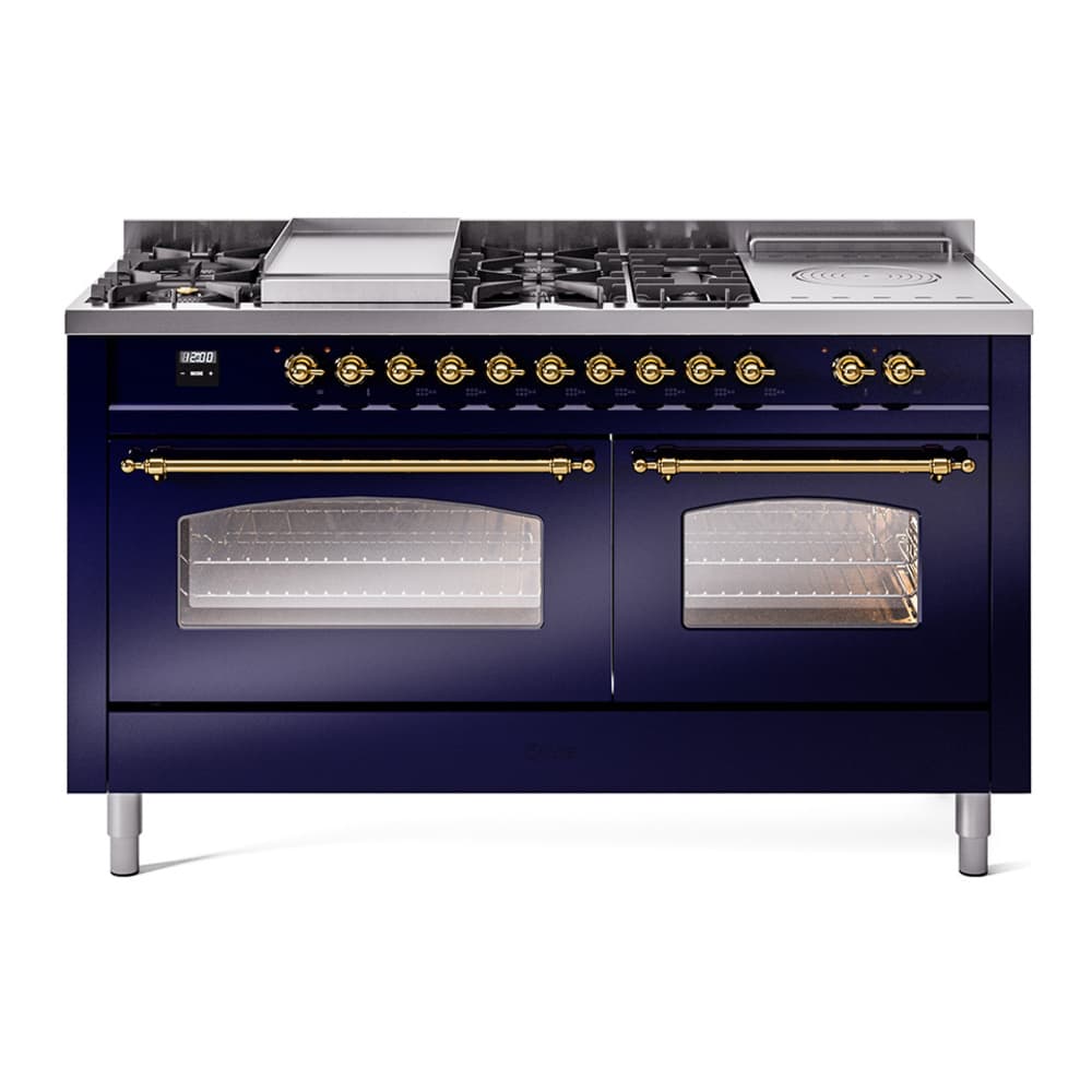 Nostalgie II 60 UP60FSNMPMBG Freestanding Dual Fuel Range with 7 Sealed Burners with Griddle and French Top Double Oven with Triple Glass Door with Brass knobs