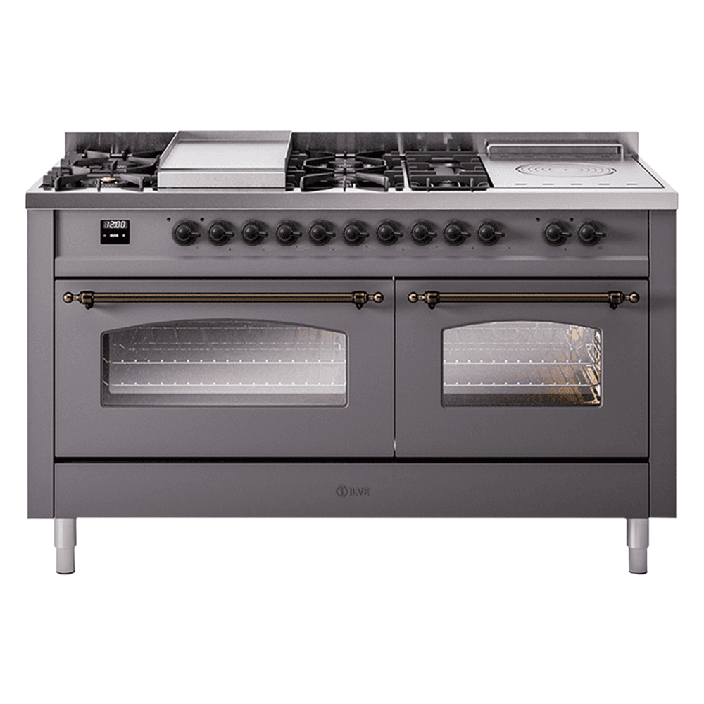 Nostalgie II 60 UP60FSNMPMGB Freestanding Dual Fuel Range with 7 Sealed Burners with Griddle and French Top Double Oven with Triple Glass Door with Bronze knobs
