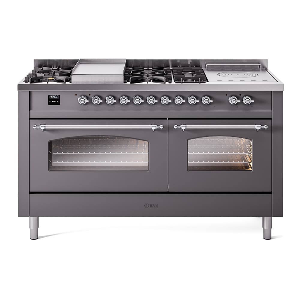 Nostalgie II 60 UP60FSNMPMGC Freestanding Dual Fuel Range with 7 Sealed Burners with Griddle and French Top Double Oven with Triple Glass Door with Chrome knobs