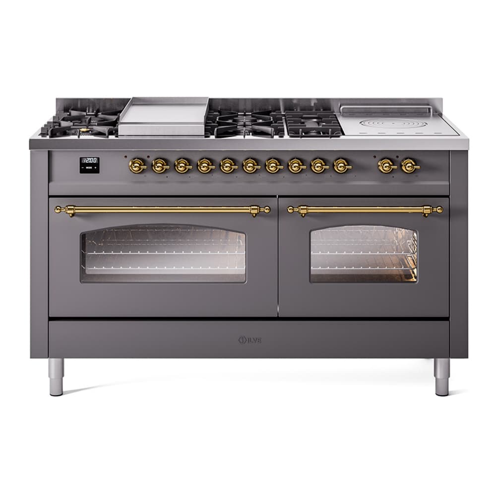 Nostalgie II 60 UP60FSNMPMGG Freestanding Dual Fuel Range with 7 Sealed Burners with Griddle and French Top Double Oven with Triple Glass Door with Brass knobs