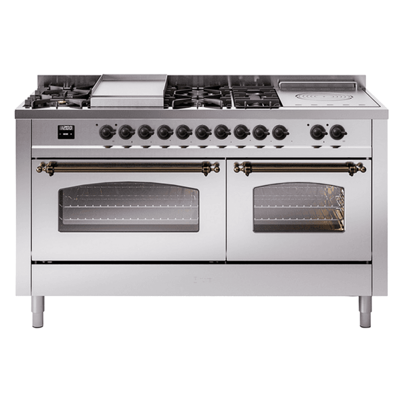 Nostalgie II 60 UP60FSNMPSSB Freestanding Dual Fuel Range with 7 Sealed Burners with Griddle and French Top Double Oven with Triple Glass Door with Bronze knobs