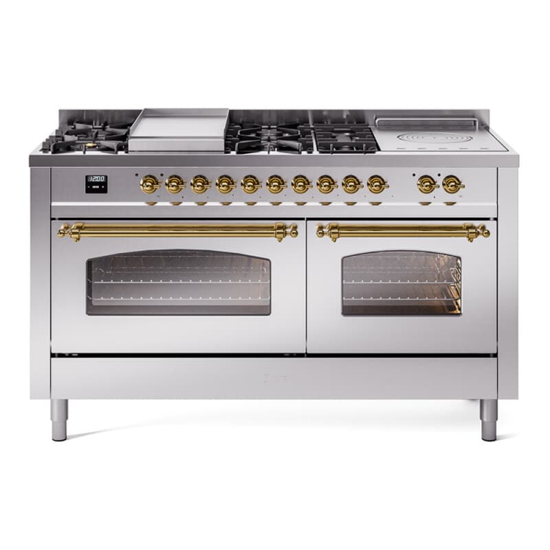 Nostalgie II 60 UP60FSNMPSSG Freestanding Dual Fuel Range with 7 Sealed Burners with Griddle and French Top Double Oven with Triple Glass Door with Brass knobs
