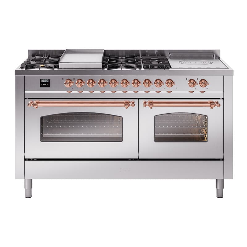 Nostalgie II 60 UP60FSNMPSSP Freestanding Dual Fuel Range with 7 Sealed Burners with Griddle and French Top Double Oven with Triple Glass Door with Copper knobs