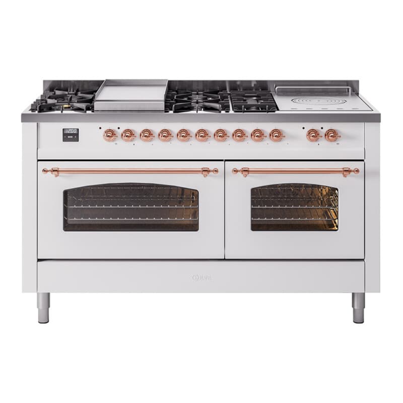 Nostalgie II 60 UP60FSNMPWHP Freestanding Dual Fuel Range with 7 Sealed Burners with Griddle and French Top Double Oven with Triple Glass Door with Copper knobs