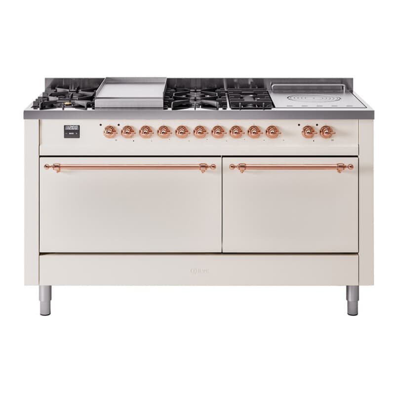 Nostalgie II 60 UP60FSQNMPAWP Freestanding Dual Fuel Range with 7 Sealed Burners with Griddle and French Top Double Oven with Solid Door with Copper knobs