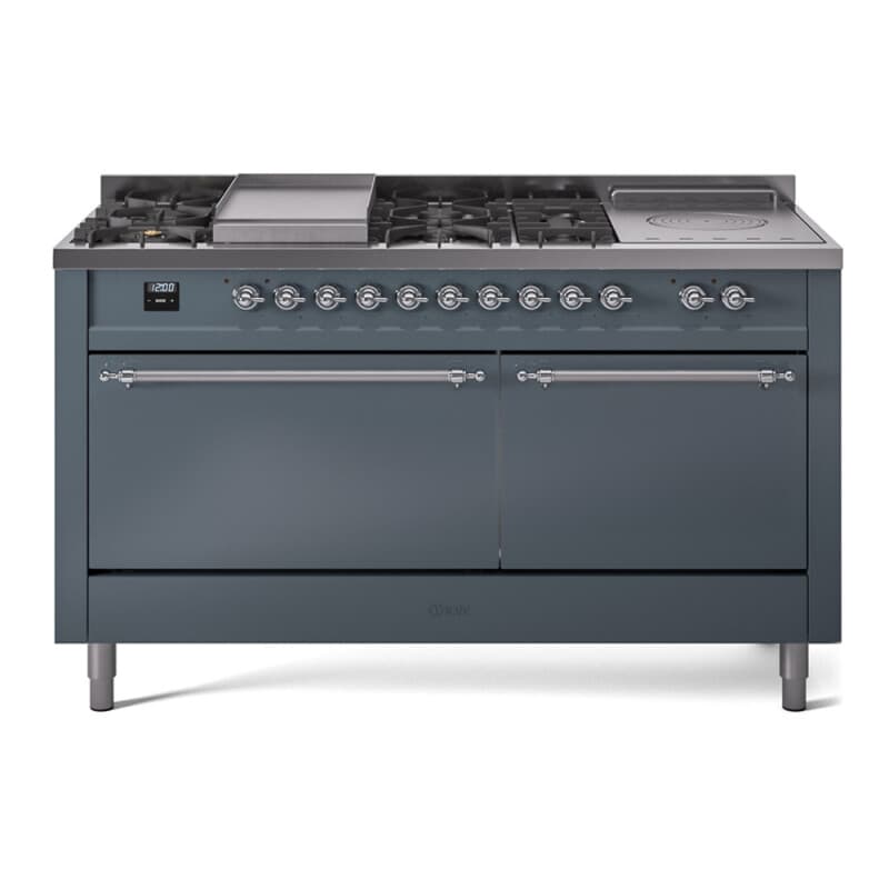 Nostalgie II 60 UP60FSQNMPBGC Freestanding Dual Fuel Range with 7 Sealed Burners with Griddle and French Top Double Oven with Solid Door with Chrome knobs