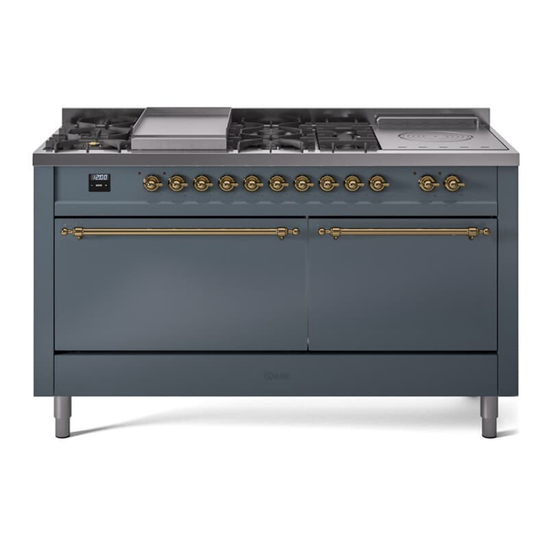Nostalgie II 60 UP60FSQNMPBGG Freestanding Dual Fuel Range with 7 Sealed Burners with Griddle and French Top Double Oven with Solid Door with Brass knobs