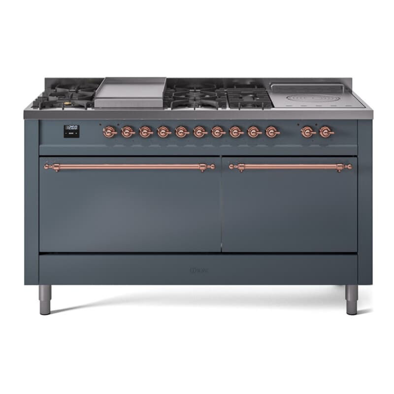 Nostalgie II 60 UP60FSQNMPBGP Freestanding Dual Fuel Range with 7 Sealed Burners with Griddle and French Top Double Oven with Solid Door with Copper knobs