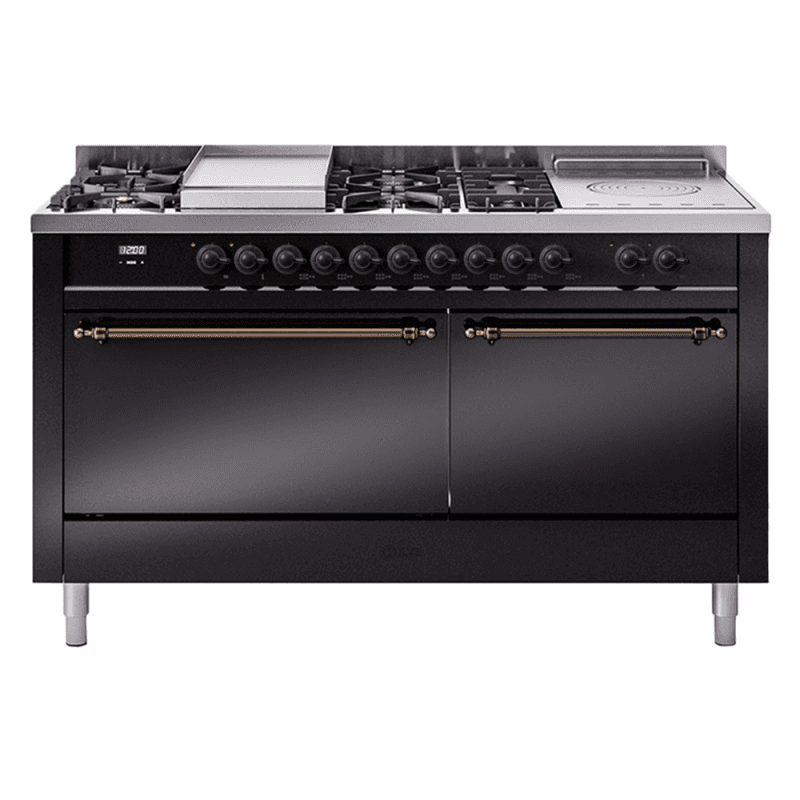 Nostalgie II 60 UP60FSQNMPBKB Freestanding Dual Fuel Range with 7 Sealed Burners with Griddle and French Top Double Oven with Solid Door with Bronze knobs