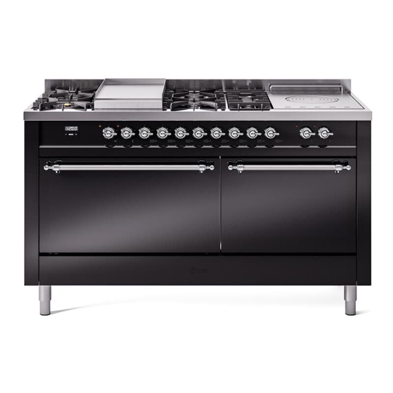 Nostalgie II 60 UP60FSQNMPBKC Freestanding Dual Fuel Range with 7 Sealed Burners with Griddle and French Top Double Oven with Solid Door with Chrome knobs
