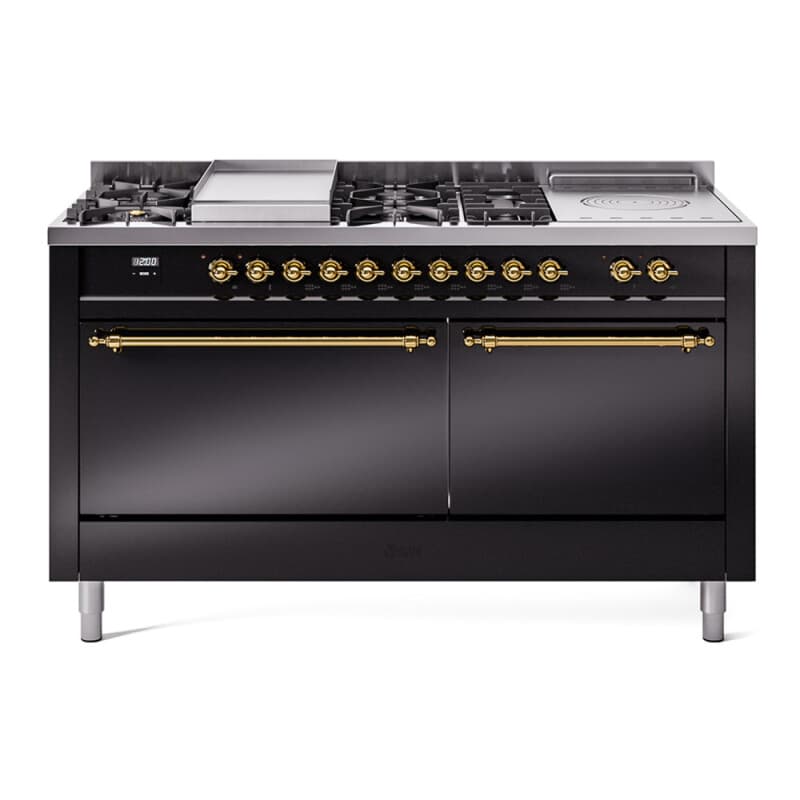 Nostalgie II 60 UP60FSQNMPBKG Freestanding Dual Fuel Range with 7 Sealed Burners with Griddle and French Top Double Oven with Solid Door with Brass knobs