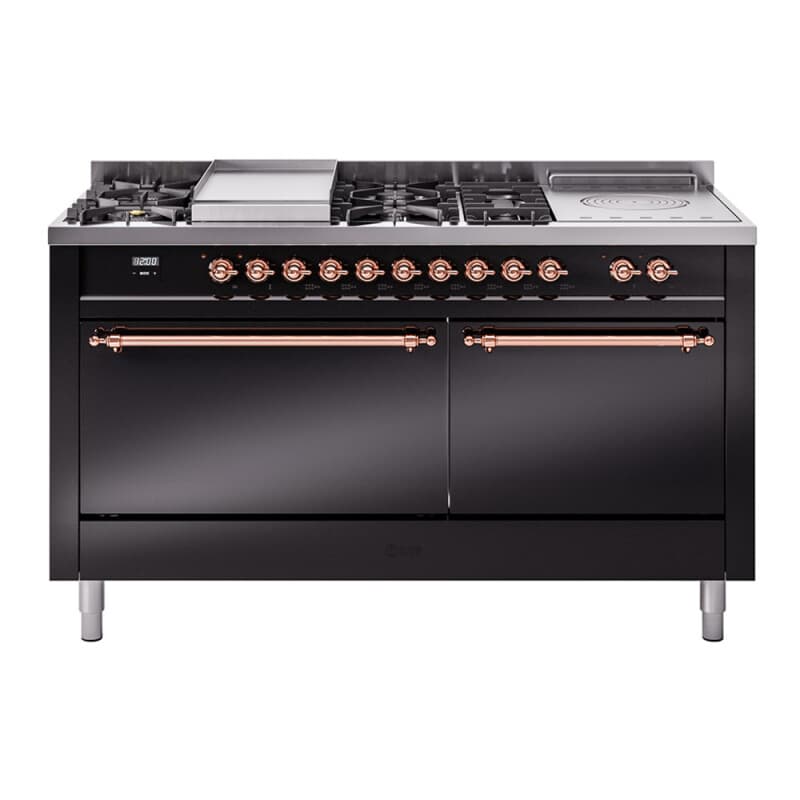 Nostalgie II 60 UP60FSQNMPBKP Freestanding Dual Fuel Range with 7 Sealed Burners with Griddle and French Top Double Oven with Solid Door with Copper knobs