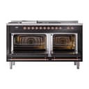 Nostalgie II 60 UP60FSQNMPBKP Freestanding Dual Fuel Range with 7 Sealed Burners with Griddle and French Top Double Oven with Solid Door with Copper knobs view 2