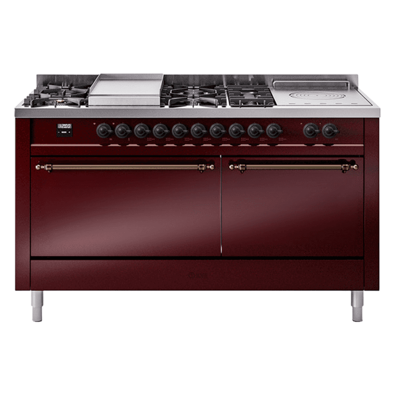 Nostalgie II 60 UP60FSQNMPBUB Freestanding Dual Fuel Range with 7 Sealed Burners with Griddle and French Top Double Oven with Solid Door with Bronze knobs