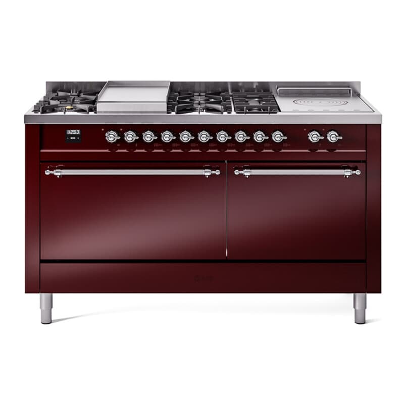 Nostalgie II 60 UP60FSQNMPBUC Freestanding Dual Fuel Range with 7 Sealed Burners with Griddle and French Top Double Oven with Solid Door with Chrome knobs