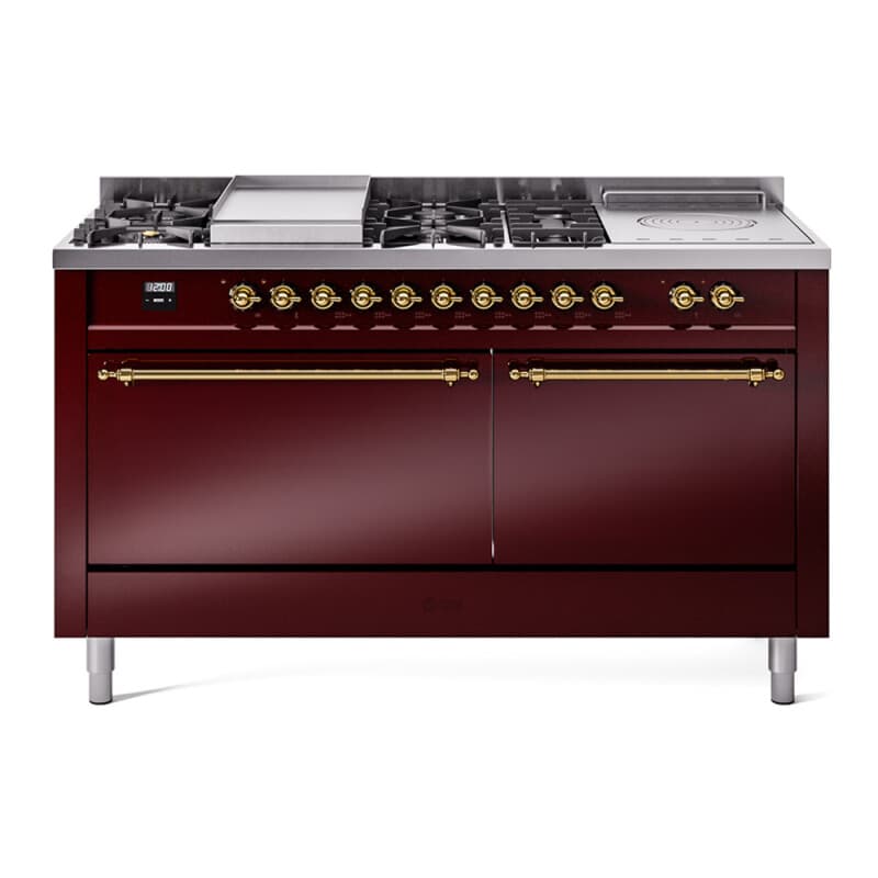 Nostalgie II 60 UP60FSQNMPBUG Freestanding Dual Fuel Range with 7 Sealed Burners with Griddle and French Top Double Oven with Solid Door with Brass knobs