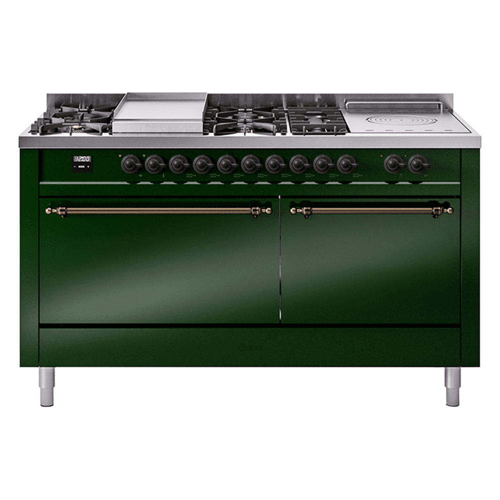 Nostalgie II 60 UP60FSQNMPEGB Freestanding Dual Fuel Range with 7 Sealed Burners with Griddle and French Top Double Oven with Solid Door with Bronze knobs