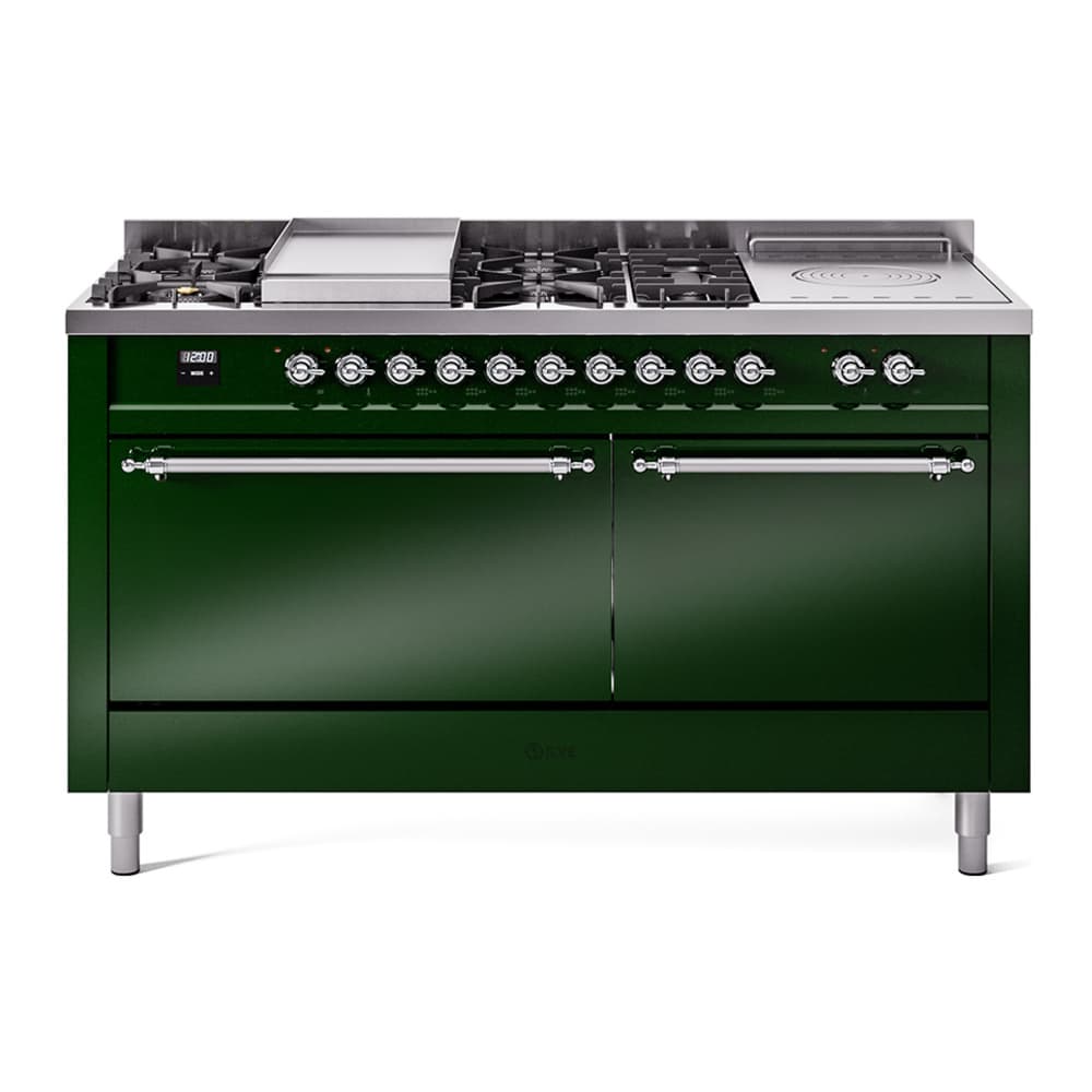 Nostalgie II 60 UP60FSQNMPEGC Freestanding Dual Fuel Range with 7 Sealed Burners with Griddle and French Top Double Oven with Solid Door with Chrome knobs