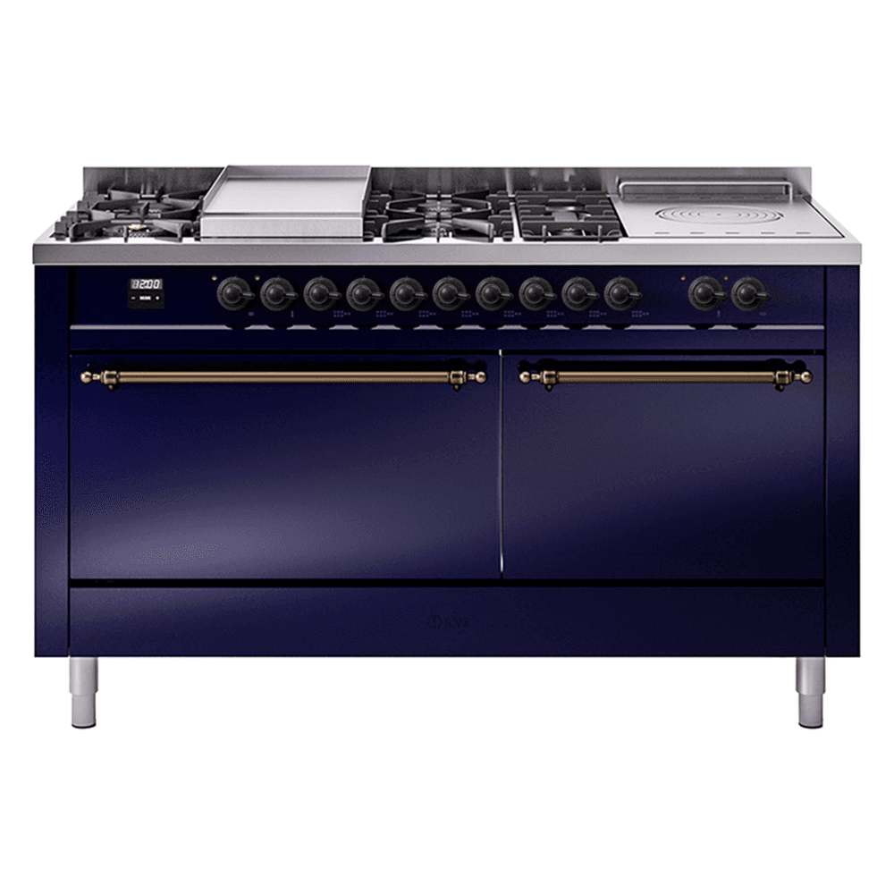 Nostalgie II 60 UP60FSQNMPMBB Freestanding Dual Fuel Range with 7 Sealed Burners with Griddle and French Top Double Oven with Solid Door with Bronze knobs