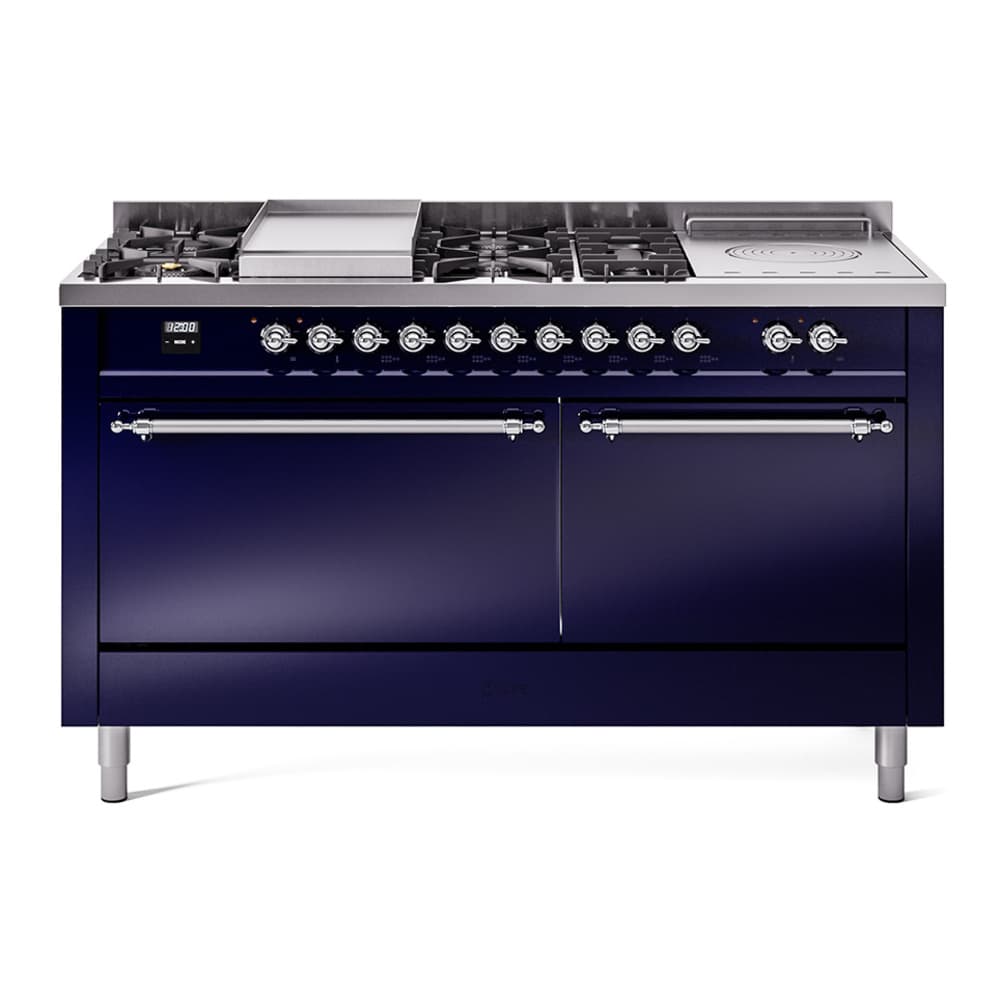 Nostalgie II 60 UP60FSQNMPMBC Freestanding Dual Fuel Range with 7 Sealed Burners with Griddle and French Top Double Oven with Solid Door with Chrome knobs