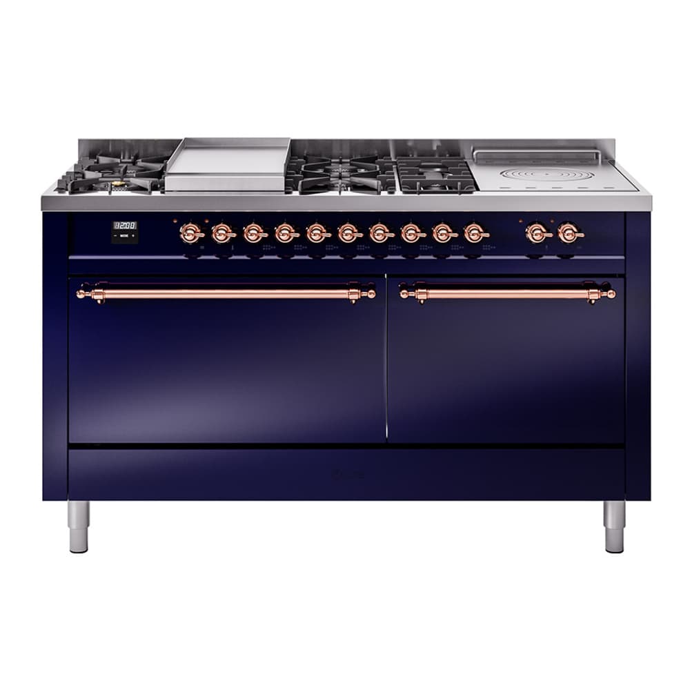 Nostalgie II 60 UP60FSQNMPMBP Freestanding Dual Fuel Range with 7 Sealed Burners with Griddle and French Top Double Oven with Solid Door with Copper knobs