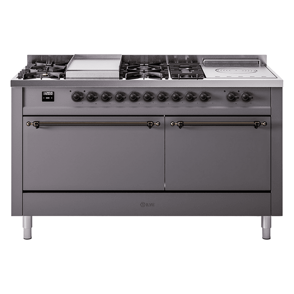 Nostalgie II 60 UP60FSQNMPMGB Freestanding Dual Fuel Range with 7 Sealed Burners with Griddle and French Top Double Oven with Solid Door with Bronze knobs