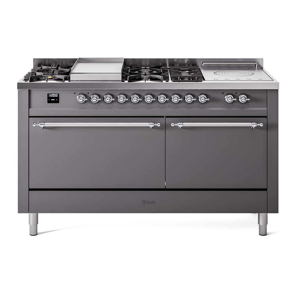 Nostalgie II 60 UP60FSQNMPMGC Freestanding Dual Fuel Range with 7 Sealed Burners with Griddle and French Top Double Oven with Solid Door with Chrome knobs