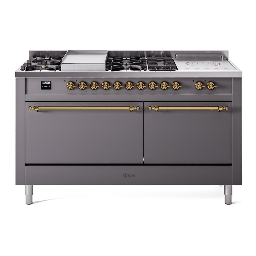 Nostalgie II 60 UP60FSQNMPMGG Freestanding Dual Fuel Range with 7 Sealed Burners with Griddle and French Top Double Oven with Solid Door with Brass knobs
