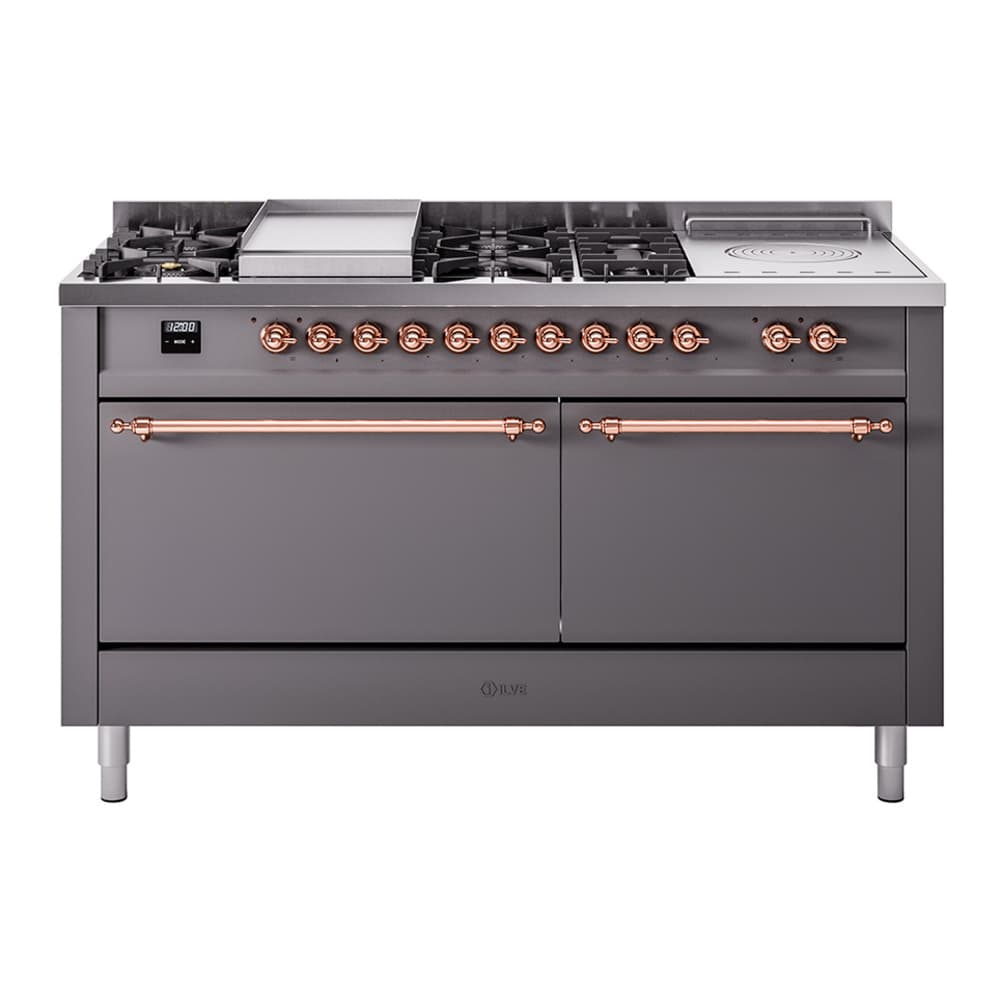 Nostalgie II 60 UP60FSQNMPMGP Freestanding Dual Fuel Range with 7 Sealed Burners with Griddle and French Top Double Oven with Solid Door with Copper knobs