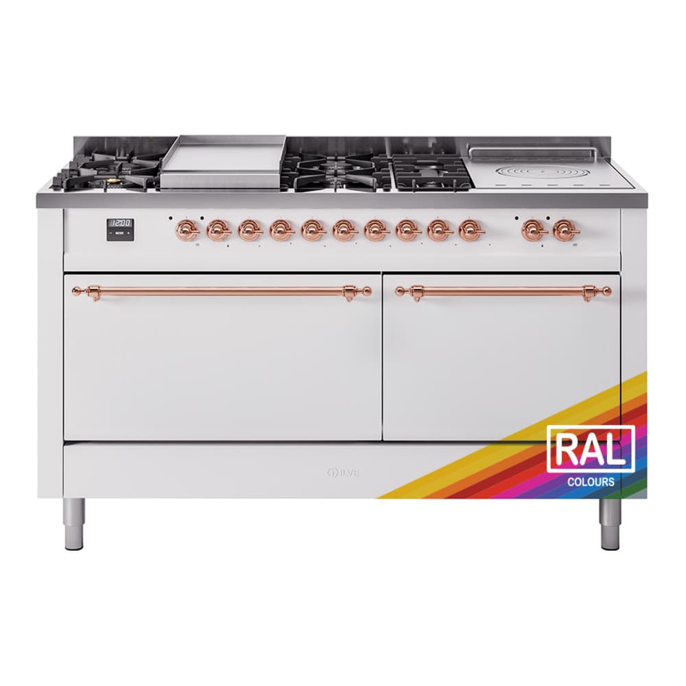 Nostalgie II 60 UP60FSQNMPRAP Freestanding Dual Fuel Range with 7 Sealed Burners with Griddle and French Top Double Oven with Solid Door with Copper knobs