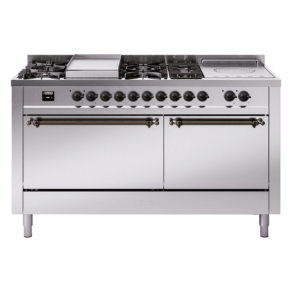 Nostalgie II 60 UP60FSQNMPSSB Freestanding Dual Fuel Range with 7 Sealed Burners with Griddle and French Top Double Oven with Solid Door with Bronze knobs