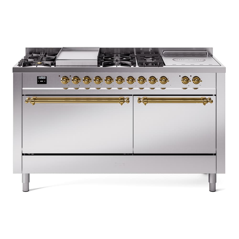 Nostalgie II 60 UP60FSQNMPSSG Freestanding Dual Fuel Range with 7 Sealed Burners with Griddle and French Top Double Oven with Solid Door with Brass knobs