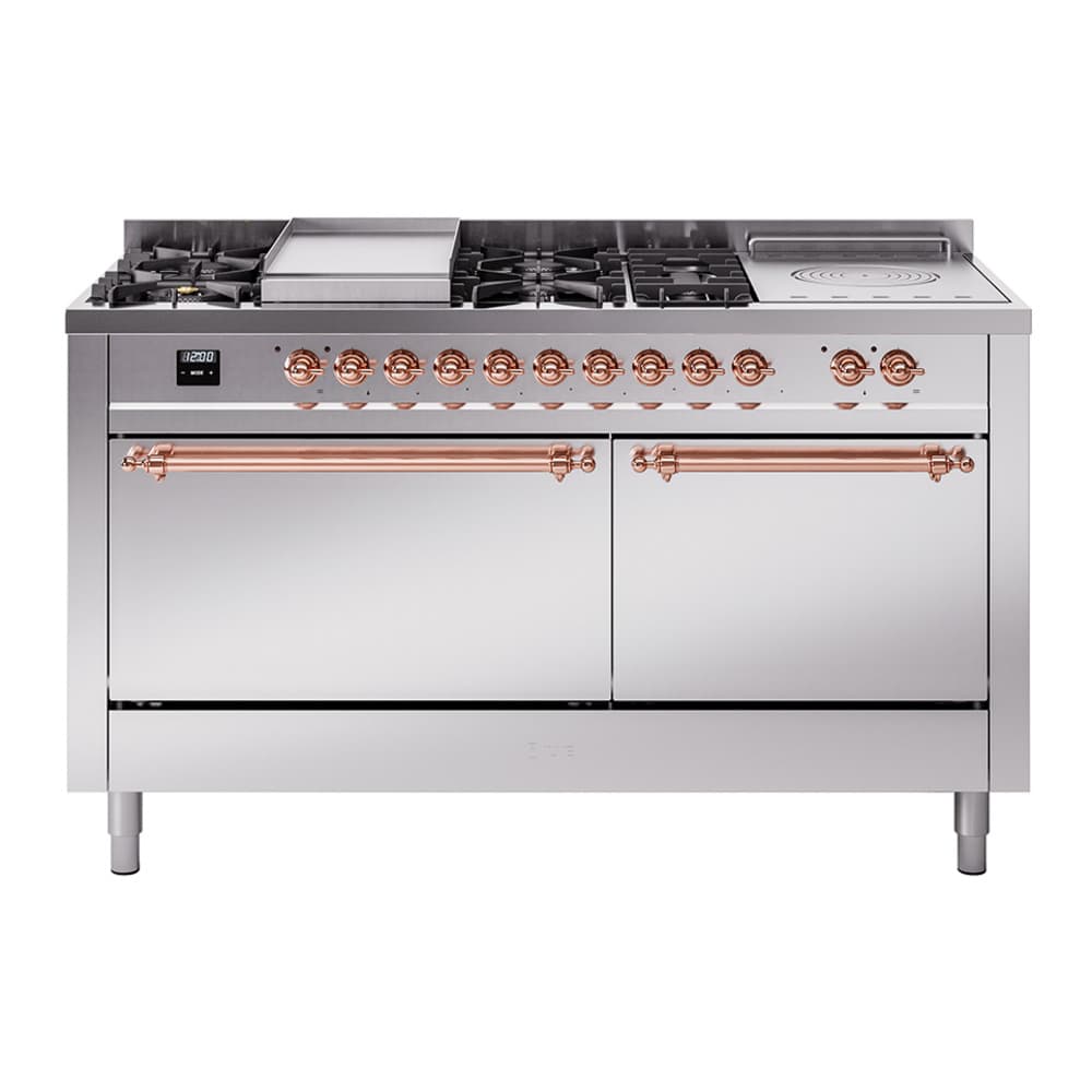 Nostalgie II 60 UP60FSQNMPSSP Freestanding Dual Fuel Range with 7 Sealed Burners with Griddle and French Top Double Oven with Solid Door with Copper knobs