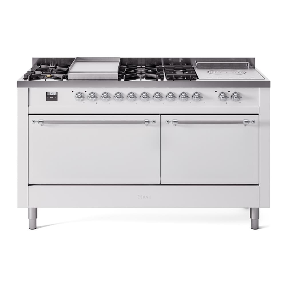 Nostalgie II 60 UP60FSQNMPWHC Freestanding Dual Fuel Range with 7 Sealed Burners with Griddle and French Top Double Oven with Solid Door with Chrome knobs