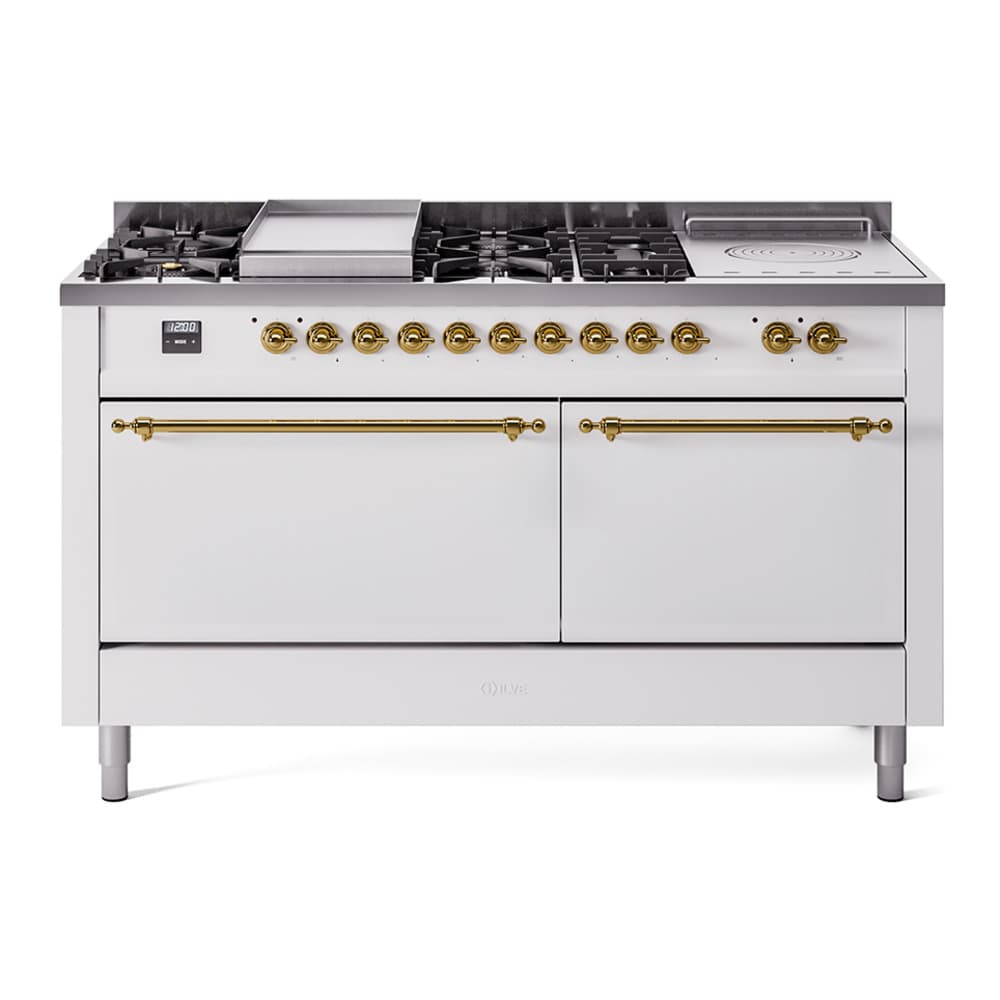 Nostalgie II 60 UP60FSQNMPWHG Freestanding Dual Fuel Range with 7 Sealed Burners with Griddle and French Top Double Oven with Solid Door with Brass knobs