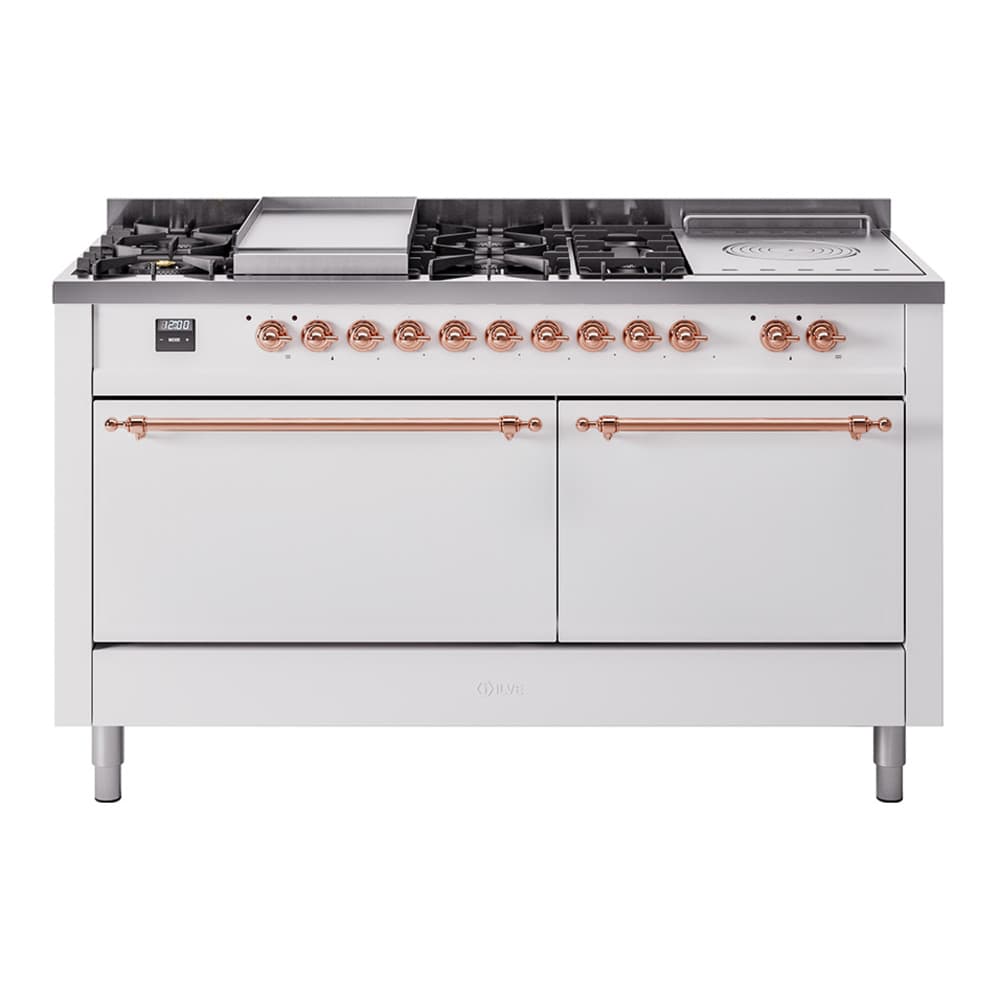 Nostalgie II 60 UP60FSQNMPWHP Freestanding Dual Fuel Range with 7 Sealed Burners with Griddle and French Top Double Oven with Solid Door with Copper knobs