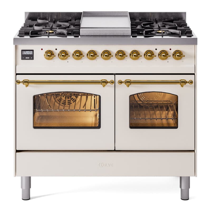 Nostalgie II 40 UPD40FNMPAWG Freestanding Dual Fuel Range with 6 Sealed Burners with Griddle Double Oven with Triple Glass Door with Brass knobs