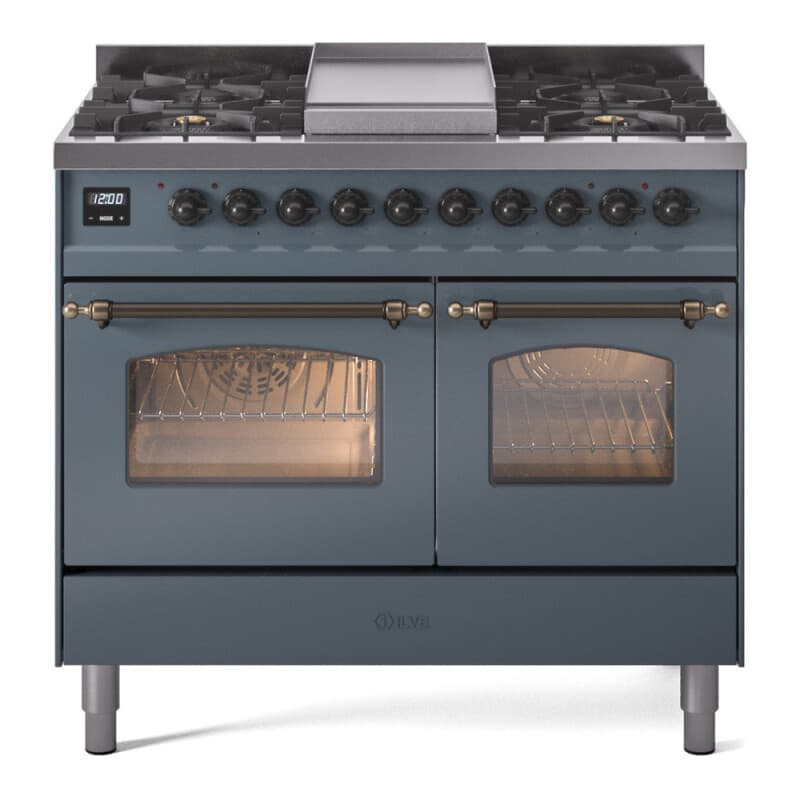 Nostalgie II 40 UPD40FNMPBGB Freestanding Dual Fuel Range with 6 Sealed Burners with Griddle Double Oven with Triple Glass Door with Bronze knobs