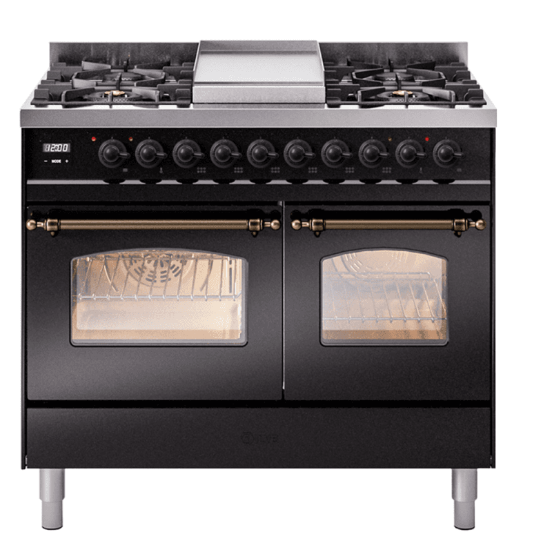 Nostalgie II 40 UPD40FNMPBKB Freestanding Dual Fuel Range with 6 Sealed Burners with Griddle Double Oven with Triple Glass Door with Bronze knobs
