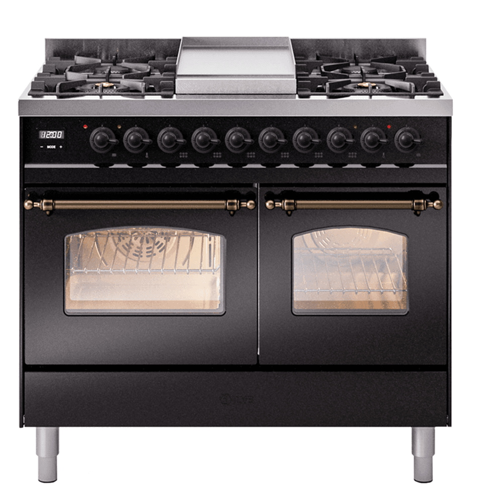 Nostalgie II Series 40 inch Freestanding Dual Fuel Range with Liquid Propane, 6 Sealed Burners, Double Ovens, 4.3 cu. ft. Total Oven Capacity, Griddle, Convection Oven, Continuous Grates, Storage Drawer with Bronze Trim